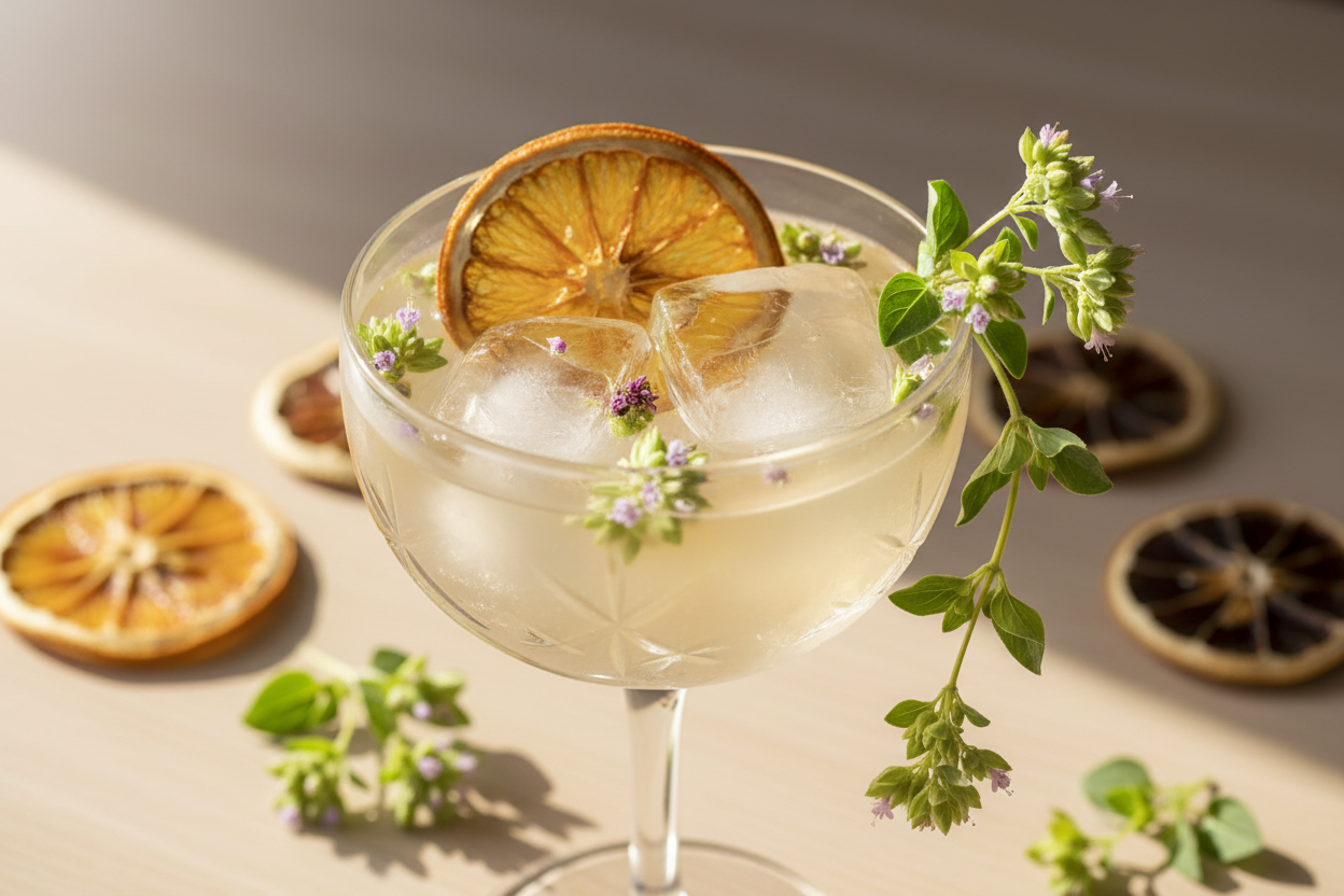 Mediterranean Gin Tonic cu Portocale Uscate și Muguri de Oregano