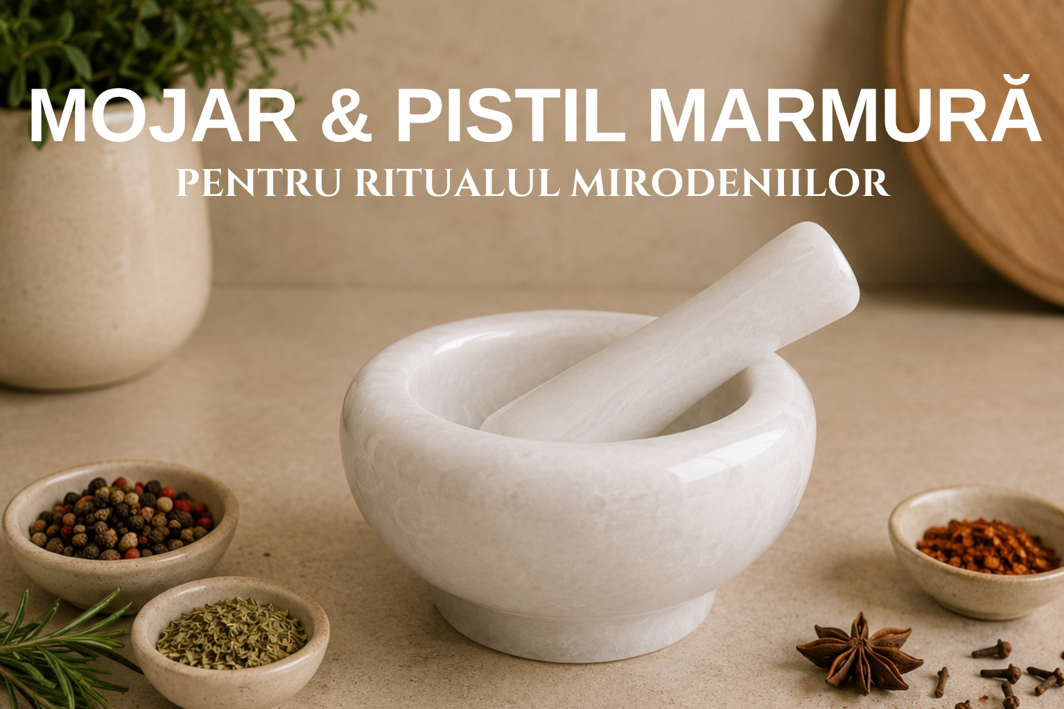 Mojar & Pistil Marmură albă pentru Ritualul Mirodeniilor