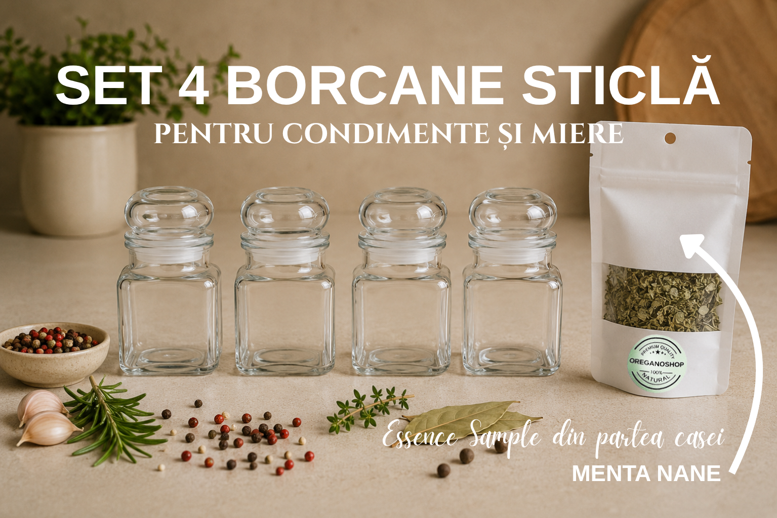 Set 4 Borcane Sticlă pentru Condimente și Miere