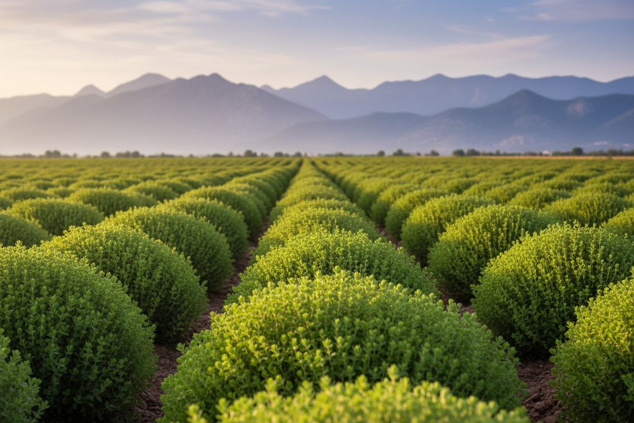 Câmp de oregano cu munți îndepărtați