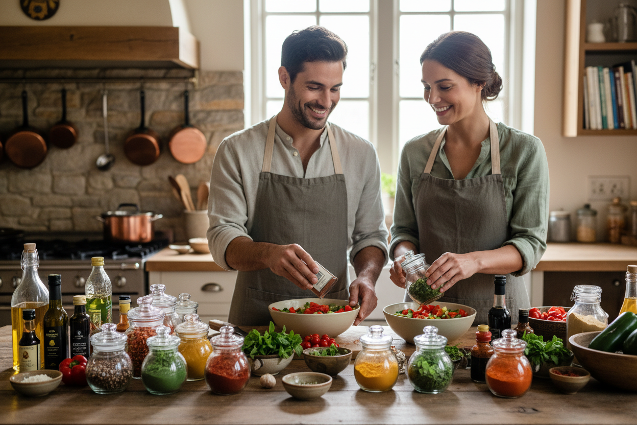 Cuplu gătind împreună cu condimente