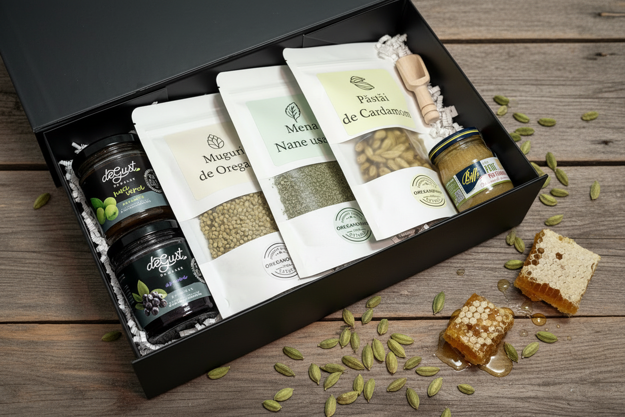 Cutie cadou Heritage Flavors Box cu condimente și dulcețuri pe scânduri de lemn